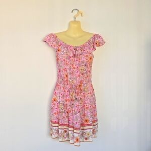 BeBop Sun Dress Pink Floral Off Shoulder Sleeveless with Headband Size M